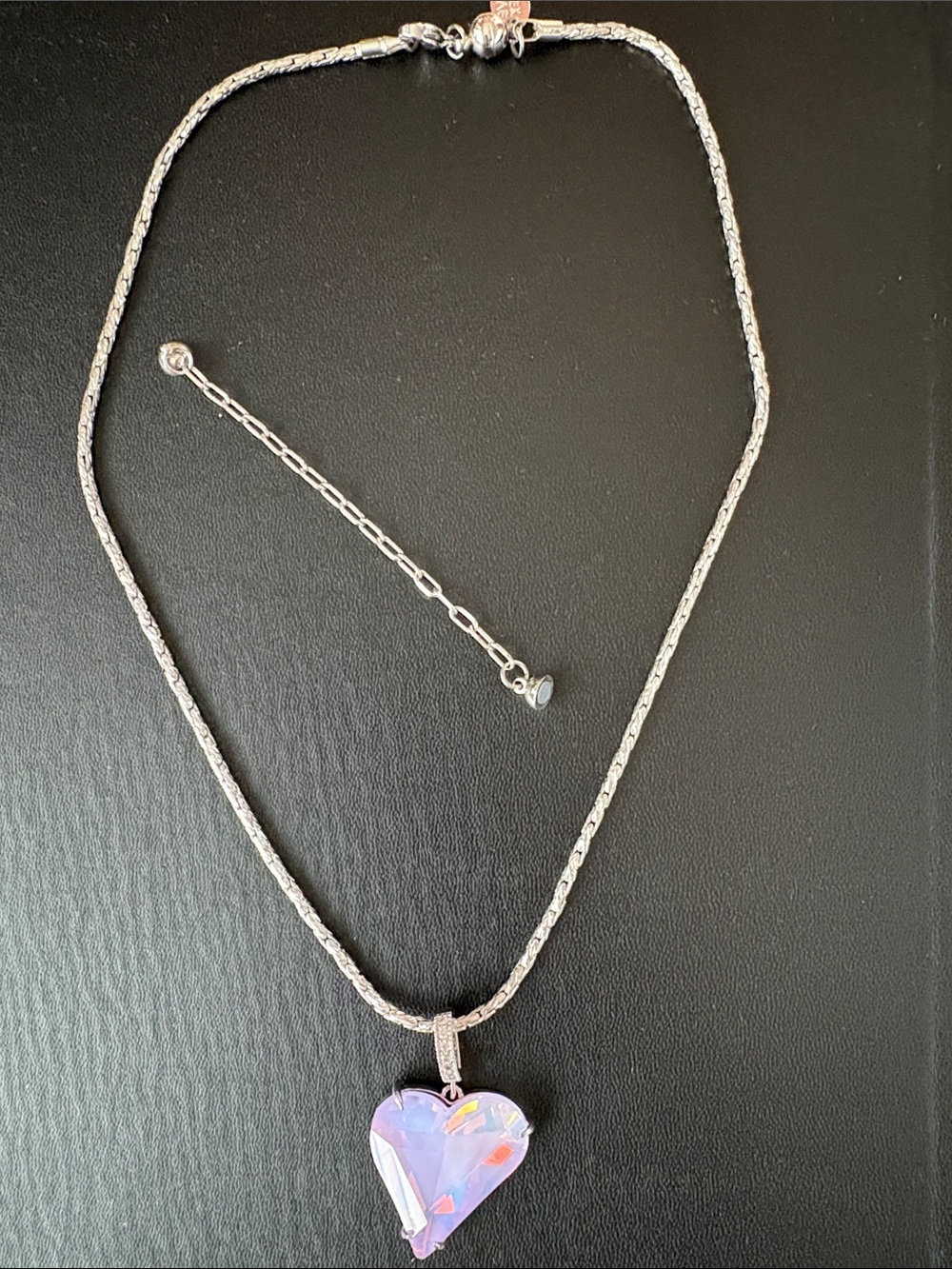 Iridescent Pink Heart Pendant Necklace on Silver Chain magnetic closure.